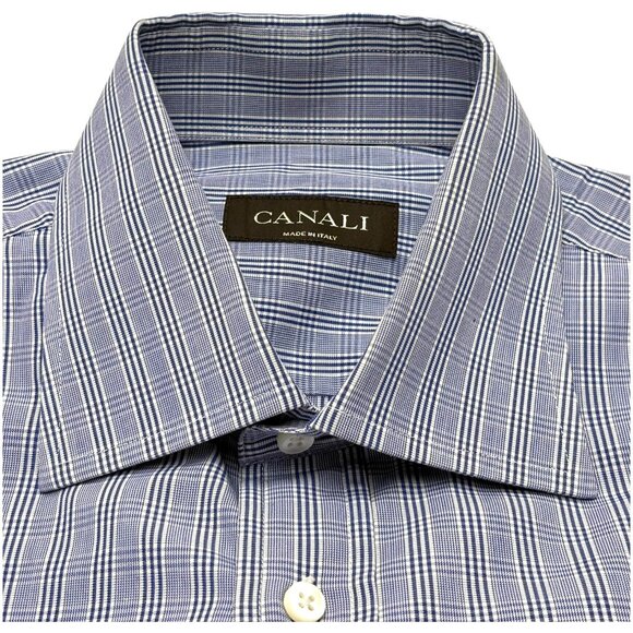 Canali Blue Plaid Luxe Cotton Italy Button Up Dress Shirt - Picture 2 of 8